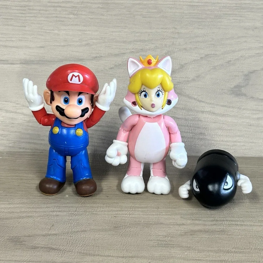 3 Super Mario Bros JAKKS Toy Figure Lot Mario & Bullet Bill Nintendo Peache Cat